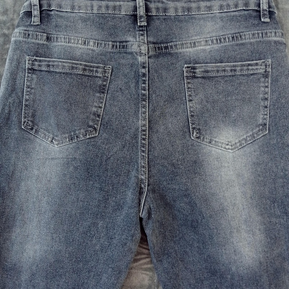 Jeans Womens 14 Blue Distressed Patchwork Smiley Face Graphic Y2K Streetwear - Picture 8 of 8